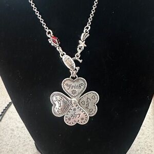 Brighton GOOD LUCK Silver Heart Charm Necklace with Red Accent